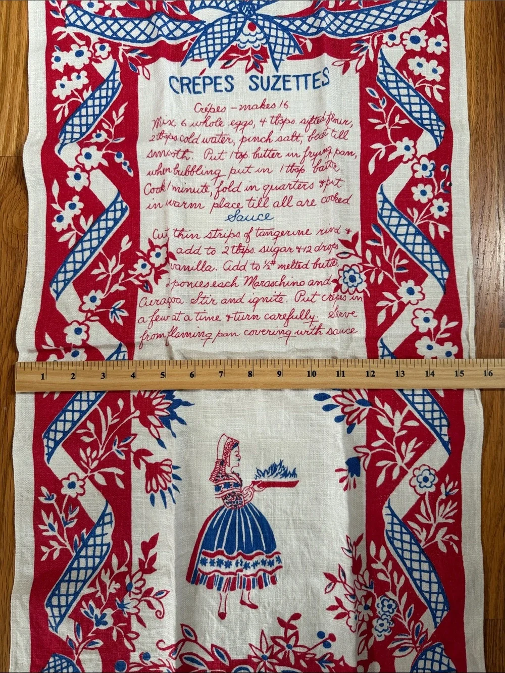 Carrie Wilson Crepes Suzette Vintage Recipe Linen Tea Towel in Red, Blue & White